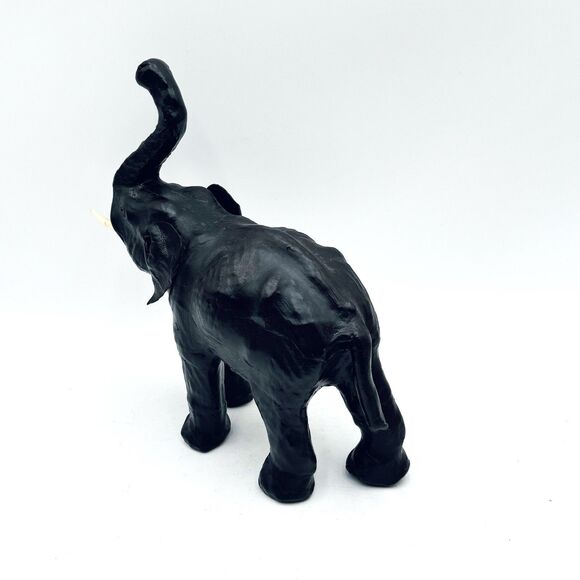 Vintage Leather Wrapped Elephant Figure Good Luck Trunk Up w Tusks - Picture 4 of 10